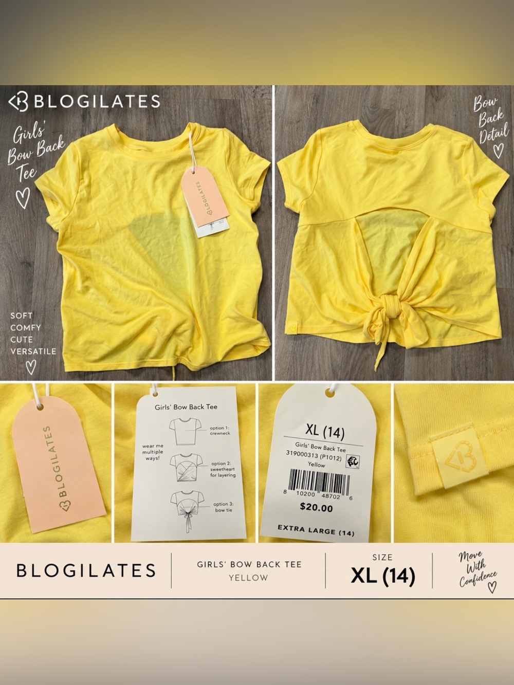 Blogilates Girls’ Bow Back Tee Yellow XL (14) NWT